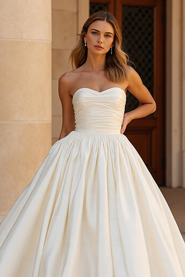 Chapel Train Satin Ball Gown Sweetheart Ivory Wedding Dress
